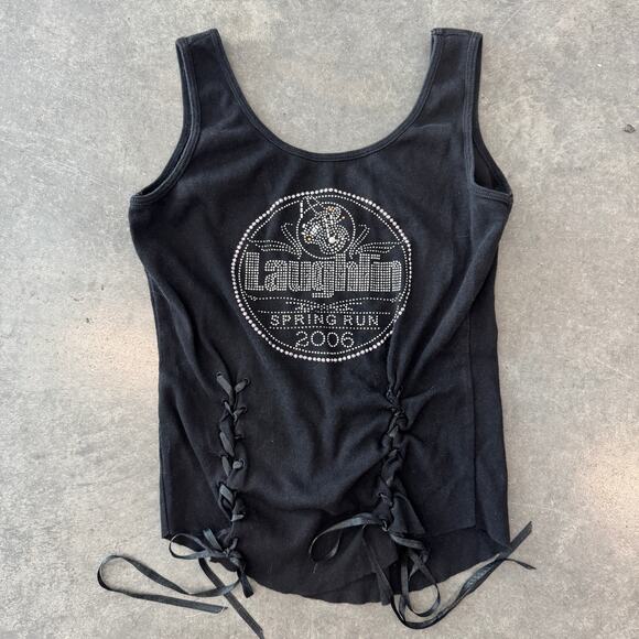 Vintage Y2K Microbling Biker Racing Laughlin Rhinestone Bow Tie Up Tank Top S - Picture 1 of 5